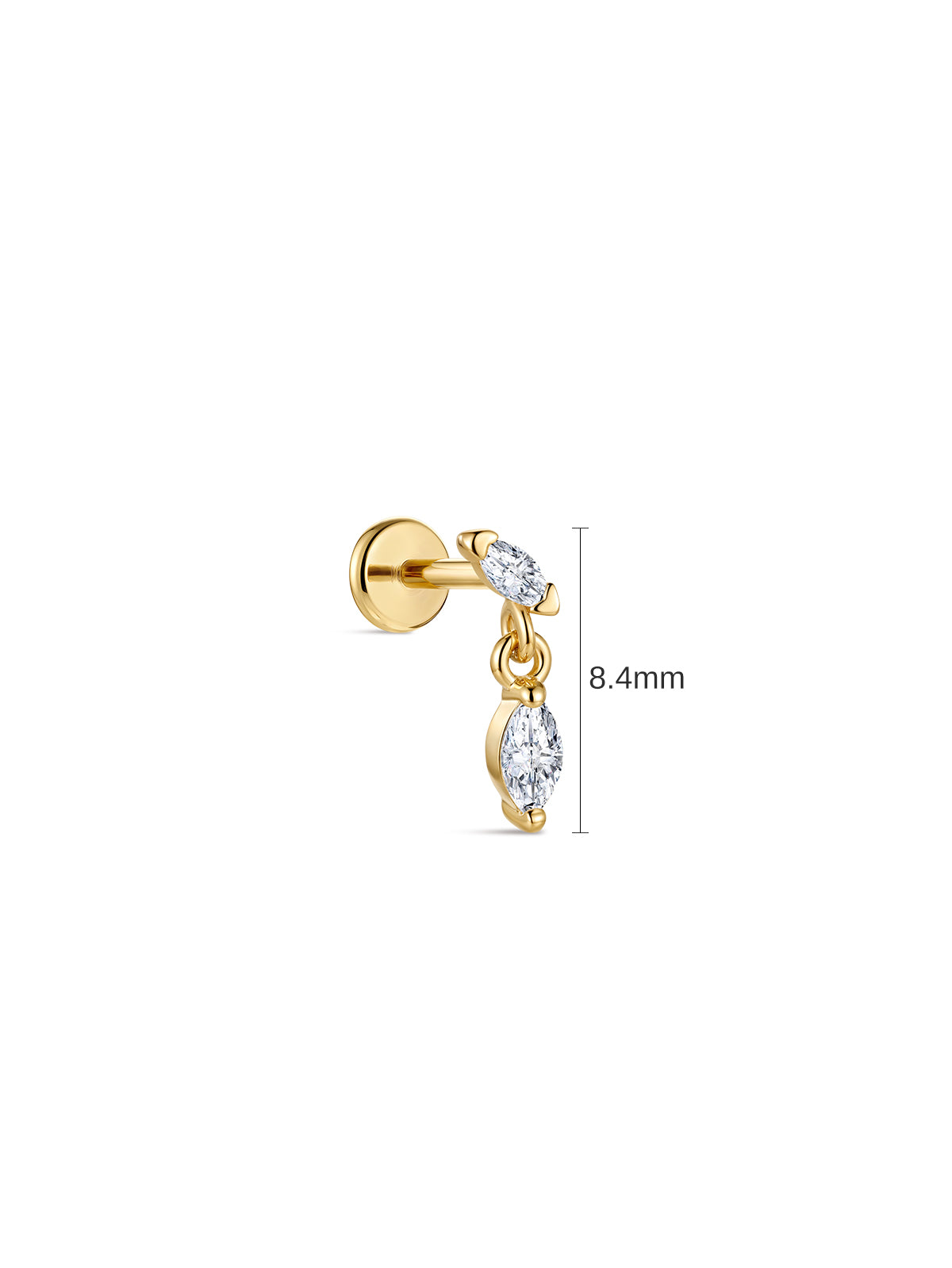 8.4mm dimension reference for 14K solid gold marquise dangle flat back stud, white background size chart