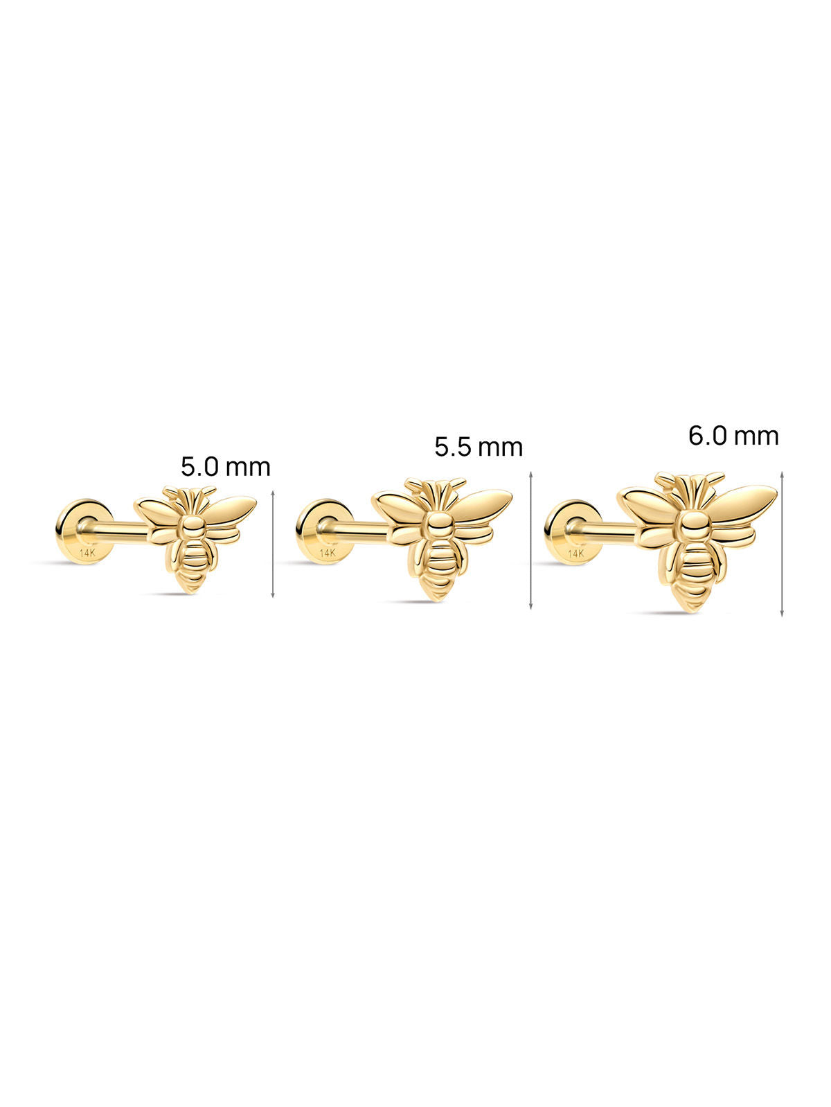 KOSINER Gloss Flying Bee Flat Back Stud in 5.0mm 5.5mm 6.0mm, 14K Solid Gold Internal Thread Piercing Stud