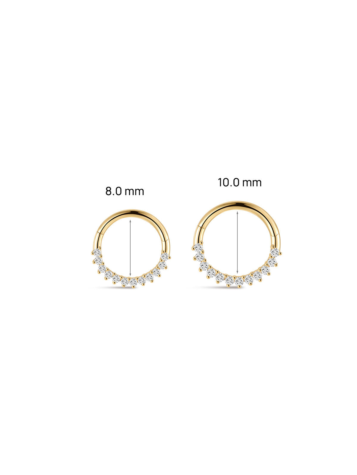 KOSINER Daith Clicker Size Guide 8.0mm & 10.0mm, 14K Solid Gold Half Cluster CZ Piercing Hoop