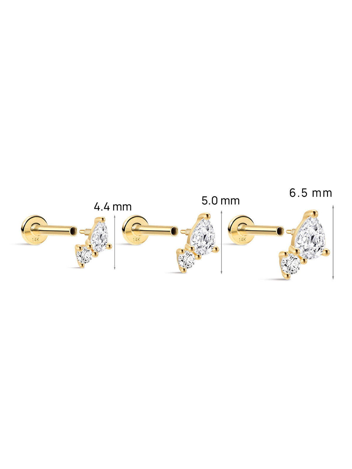 4.4/5.0/6.5mm Dual Pear CZ Flat Back Stud, 14K Solid Gold Dainty Multi Piercing Helix Lobe Ear Stack Jewelry