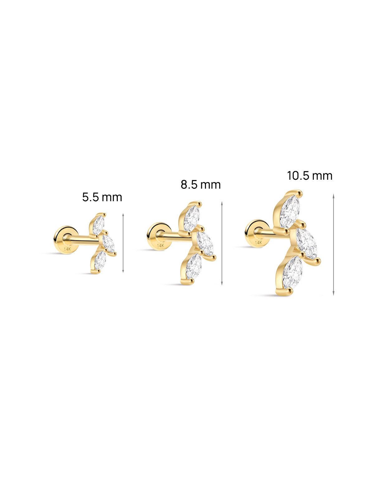 KOSINER Leaf Flat Back Stud Full Sizes 5.5mm 8.5mm 10.5mm, 14K Solid Gold Internal Thread Cartilage Piercing Stud