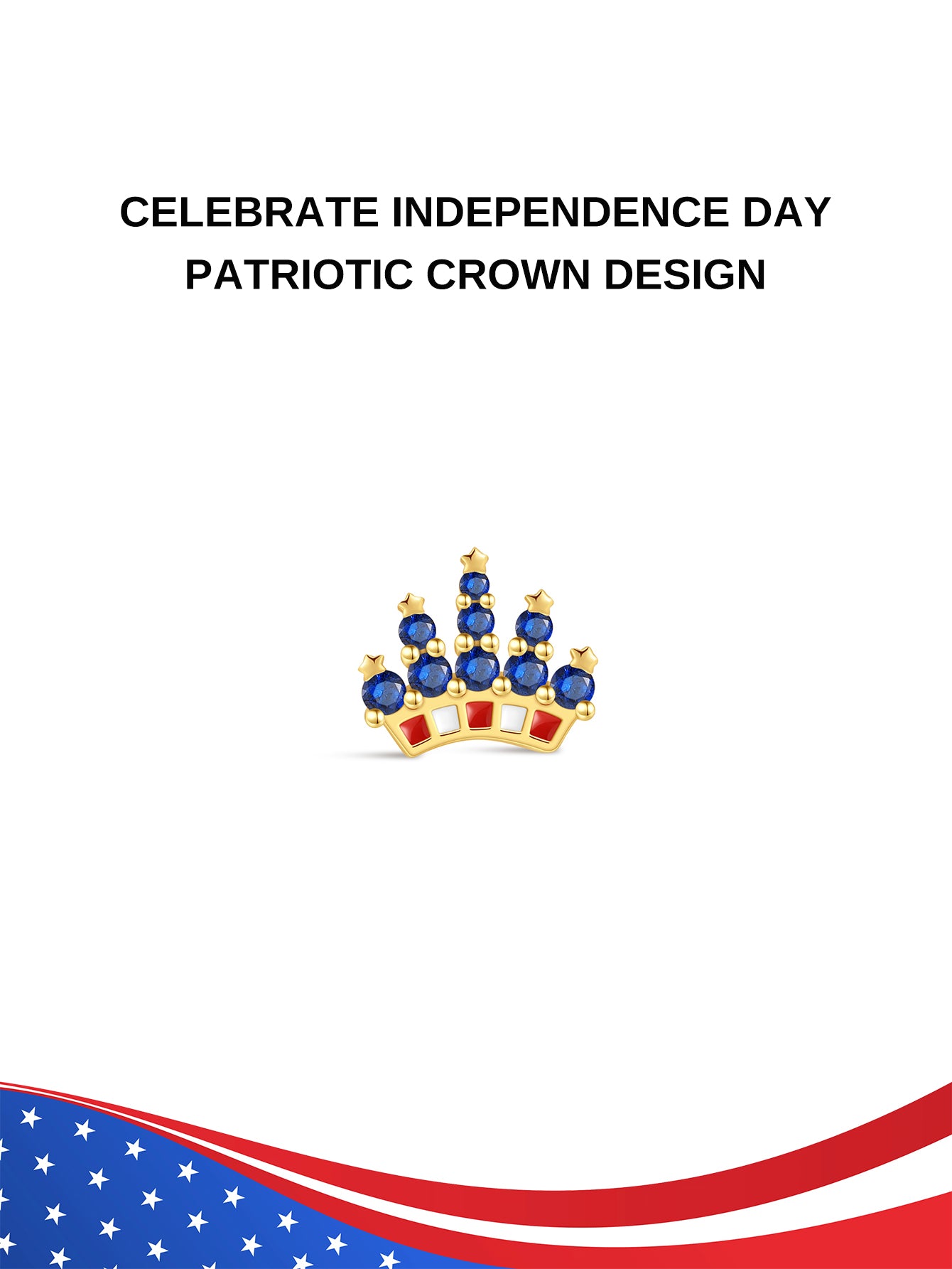 KOSINER Independence Day Patriotic Crown Flat Back Stud, regal crown shape adorned with sparkling blue crystals and red-white patriotic enamel accents, patriotic jewelry design to celebrate 4th of July, internally threaded ear stud for layered ear stacking