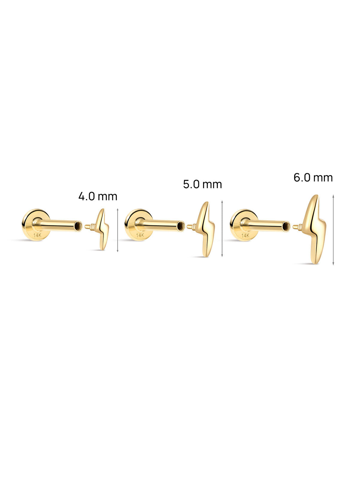 KOSINER Lightning Stud Size Guide(4.0/5.0/6.0mm), 14K Solid Gold Smooth Polished Flat Back Piercing Ear Jewelry