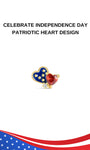 KOSINER Independence Day Patriotic Heart Flat Back Stud, overlapping double hearts with USA red-white-blue patriotic motif, star enamel & red heart gem detailing, patriotic holiday jewelry for 4th of July, internally threaded ear stud for layered ear stacking