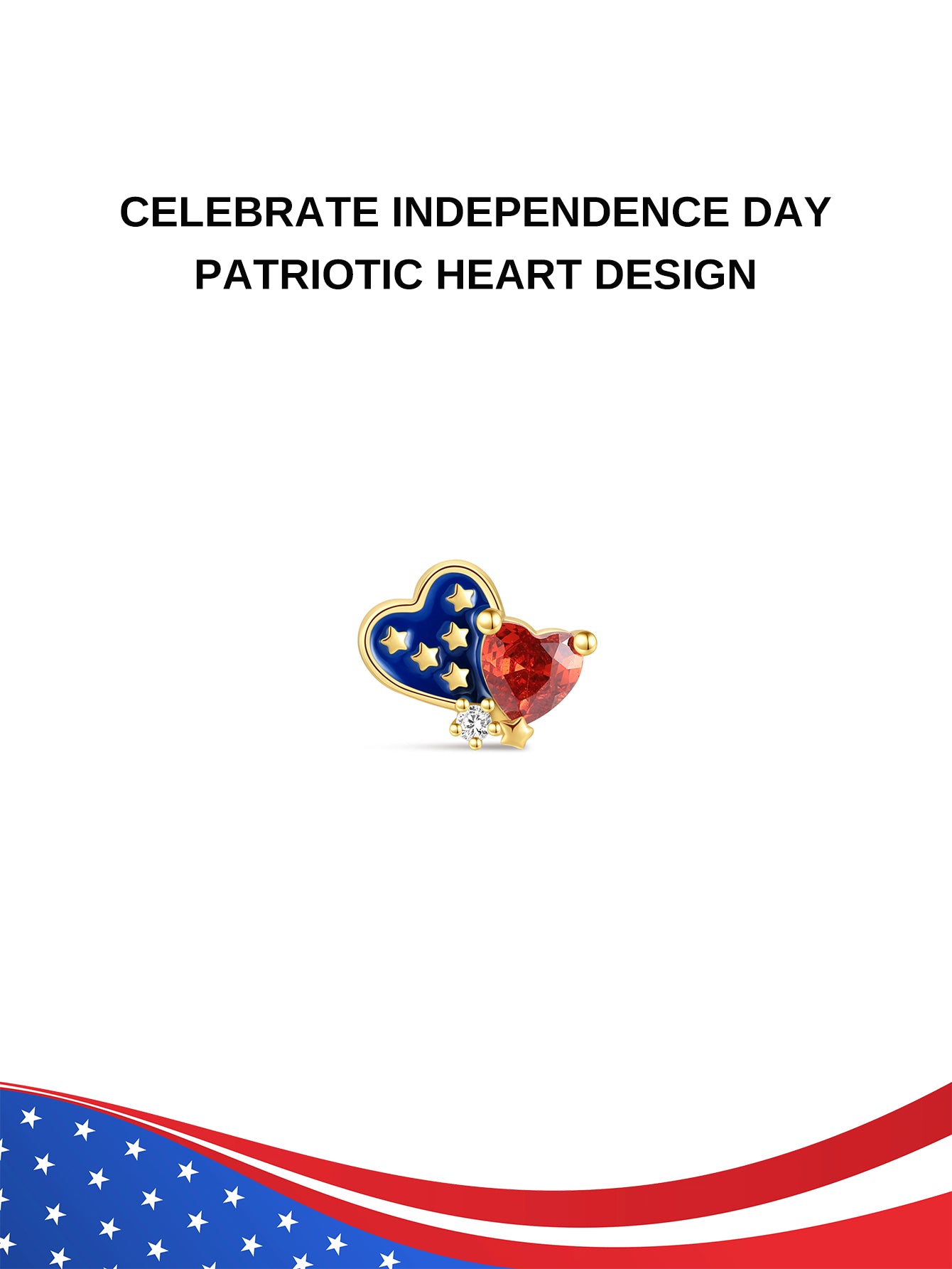 KOSINER Independence Day Patriotic Heart Flat Back Stud, overlapping double hearts with USA red-white-blue patriotic motif, star enamel & red heart gem detailing, patriotic holiday jewelry for 4th of July, internally threaded ear stud for layered ear stacking