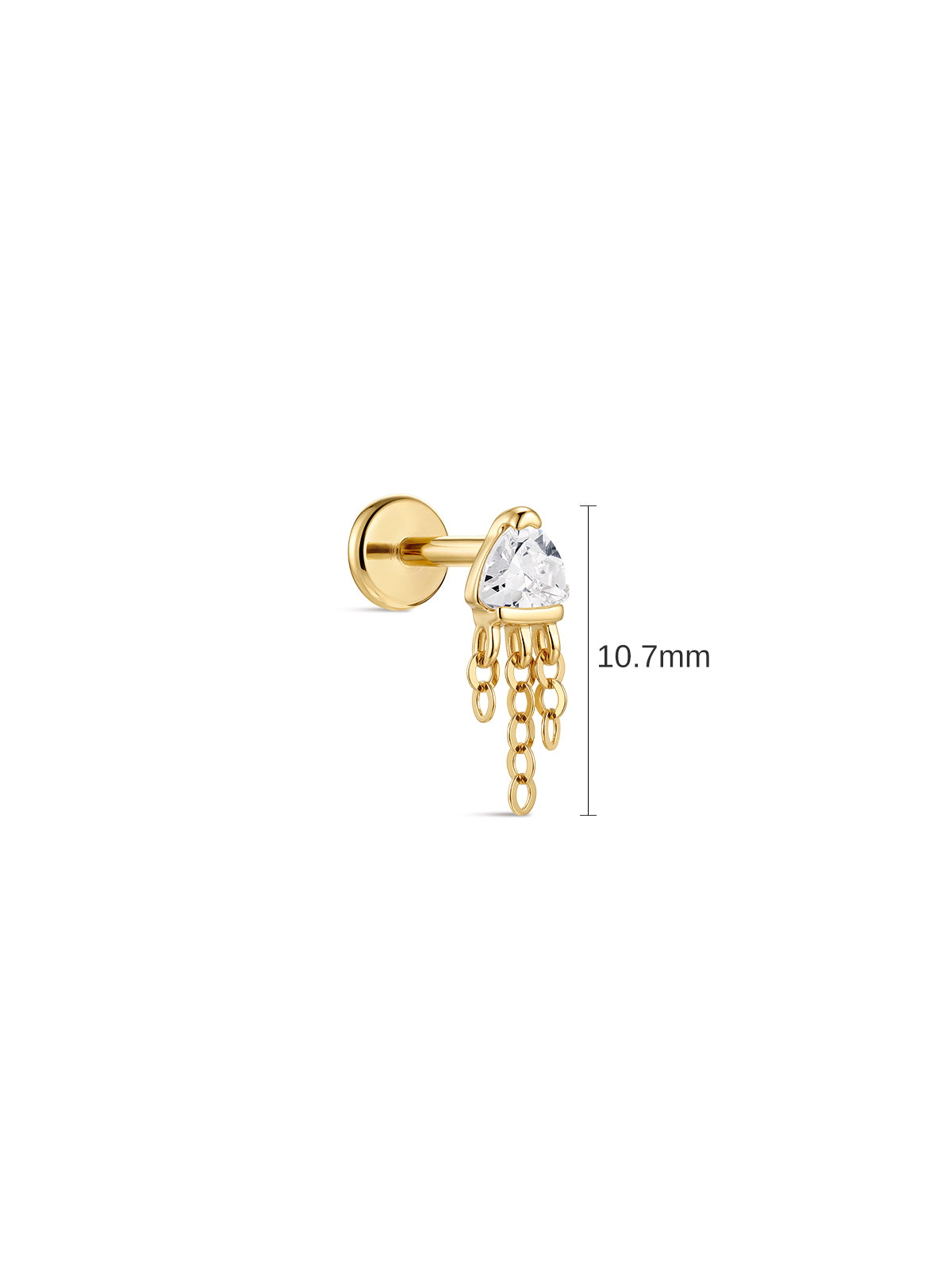 14K gold triangle tassel flat back stud dimension 10.7mm, trillion cut cubic zirconia dangling chain cartilage ear piercing