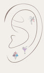 Gold plated 925 sterling silver Seaspritz summer vacation curated ear piercing set on simple ear outline, palm tree helix stud, purple cocktail glass cartilage stud, colorful multi CZ ice cream cone labret stud, tropical beach themed jewelry