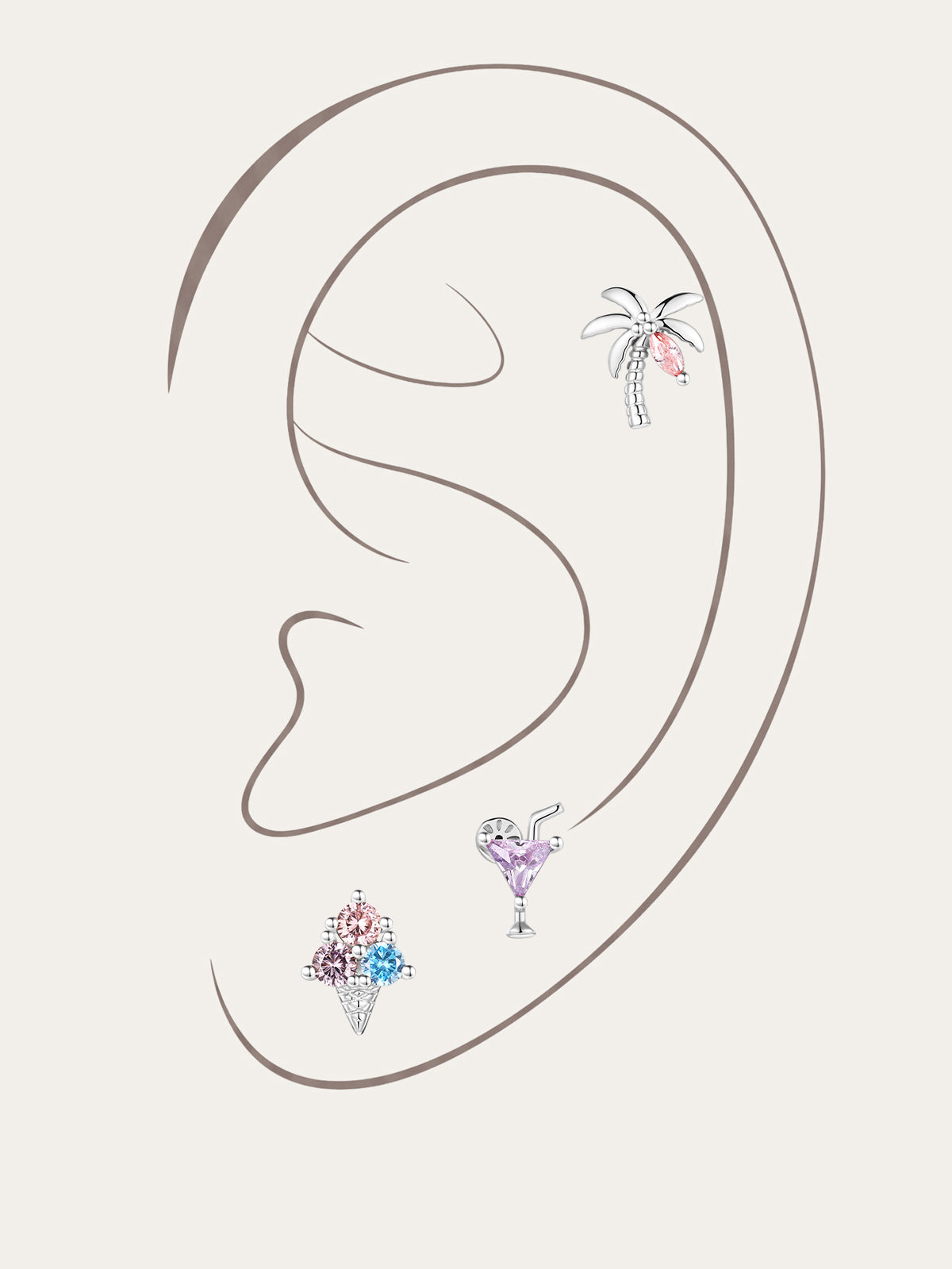 Gold plated 925 sterling silver Seaspritz summer vacation curated ear piercing set on simple ear outline, palm tree helix stud, purple cocktail glass cartilage stud, colorful multi CZ ice cream cone labret stud, tropical beach themed jewelry