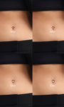 Four-panel belly shot showing visual size difference of 3mm, 4mm, 5mm, 6mm bottom CZ stone options for KOSINER double gem navel piercing studs, real wear sizing reference
