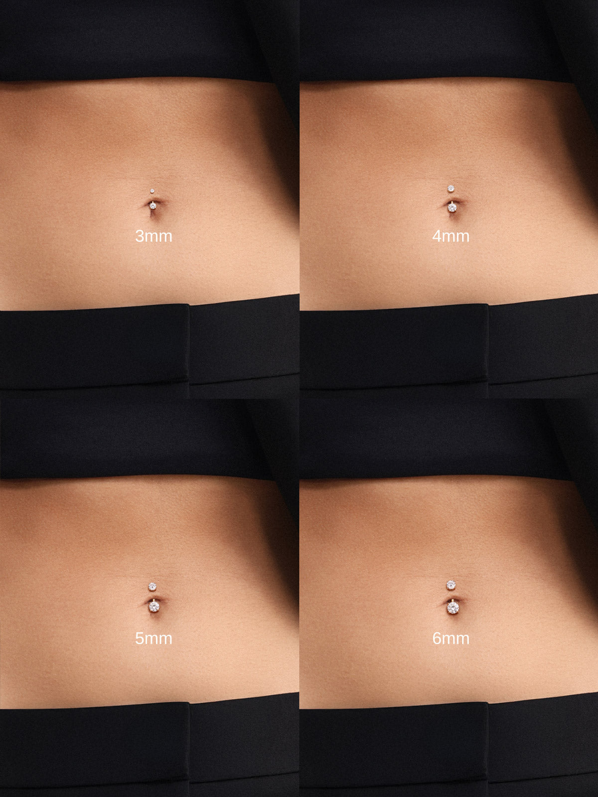 Four-panel belly shot showing visual size difference of 3mm, 4mm, 5mm, 6mm bottom CZ stone options for KOSINER double gem navel piercing studs, real wear sizing reference