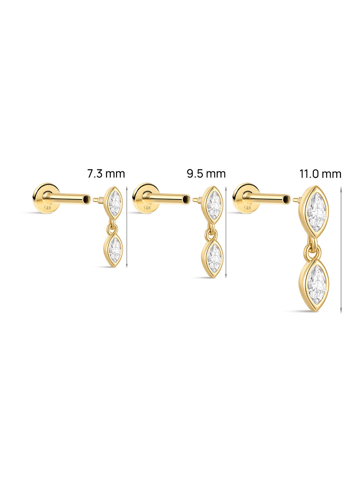 7.3/9.5/11.0mm Dual Marquise Bezel Dangle Flat Back Stud, 14K Solid Gold Dainty Multi-Piercing Helix Lobe Ear Jewelry