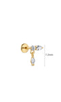 7.2mm dimension size chart of 14K gold delicate dangle flat back CZ piercing stud, white background measurement reference