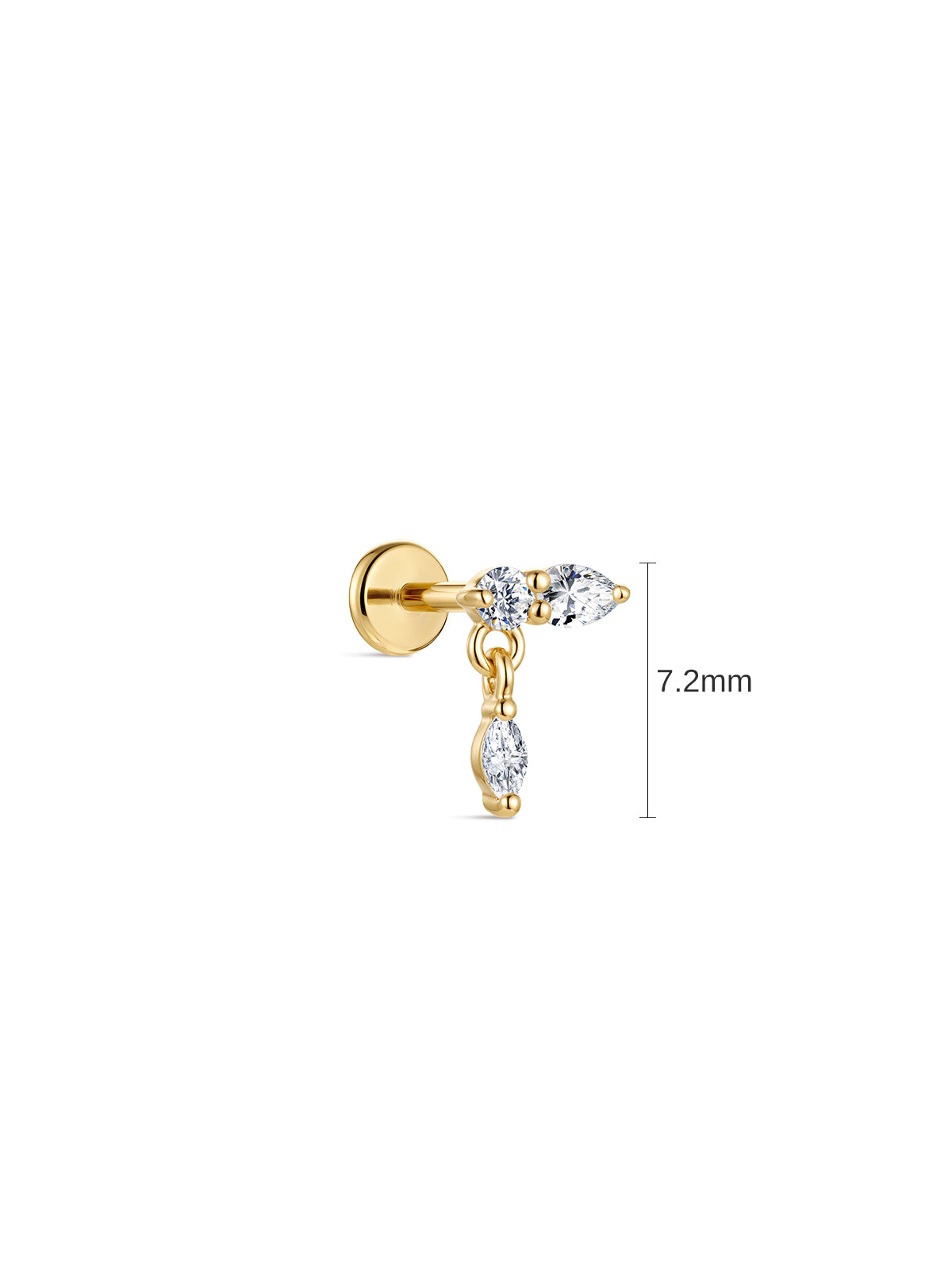 7.2mm dimension size chart of 14K gold delicate dangle flat back CZ piercing stud, white background measurement reference