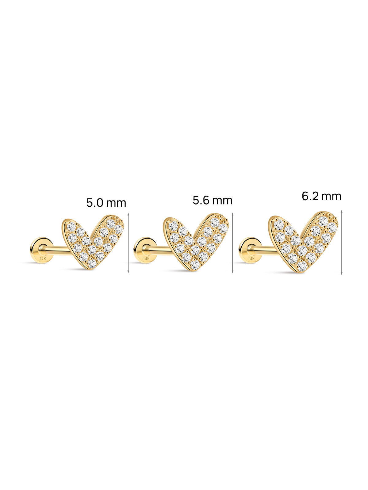 5.0/5.6/6.2mm Pave Heart Flat Back Stud, 14K Solid Gold Dainty Multi Piercing Helix Lobe Ear Stack Jewelry