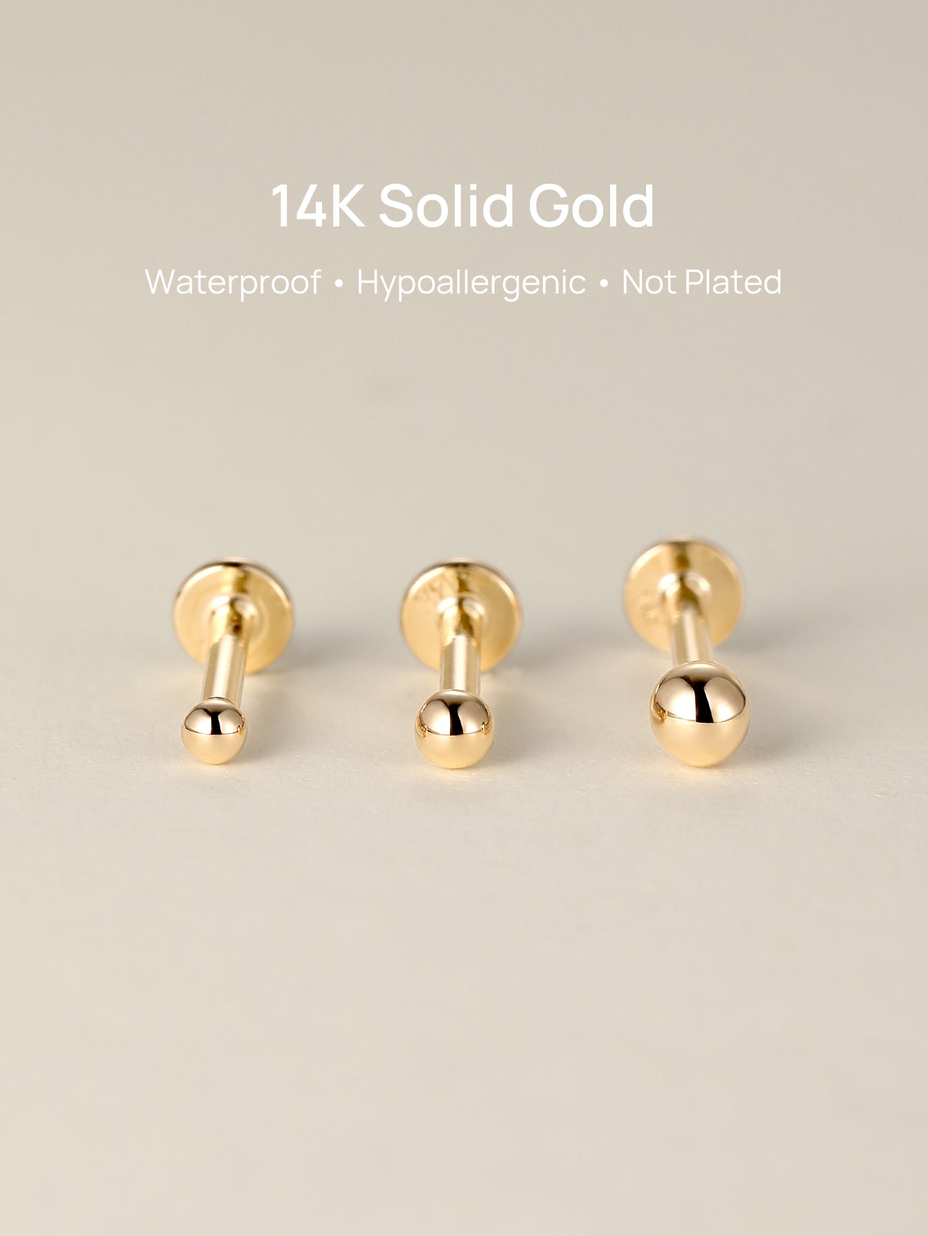 14K Solid Gold Classic Round Bead Ear Piercing Stud