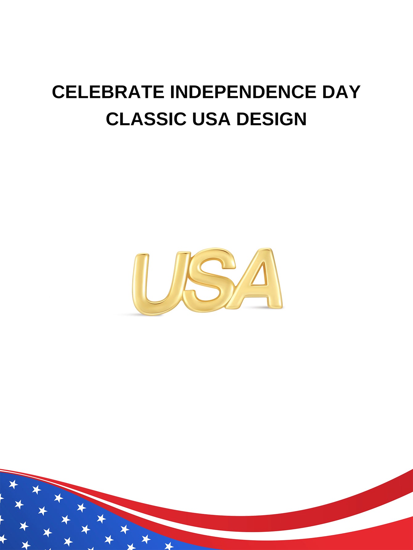 KOSINER Independence Day Classic USA Flat Back Stud, sleek polished solid cursive USA letter silhouette, minimalist patriotic holiday jewelry design to celebrate 4th of July, internally threaded ear stud for subtle layered ear stacking