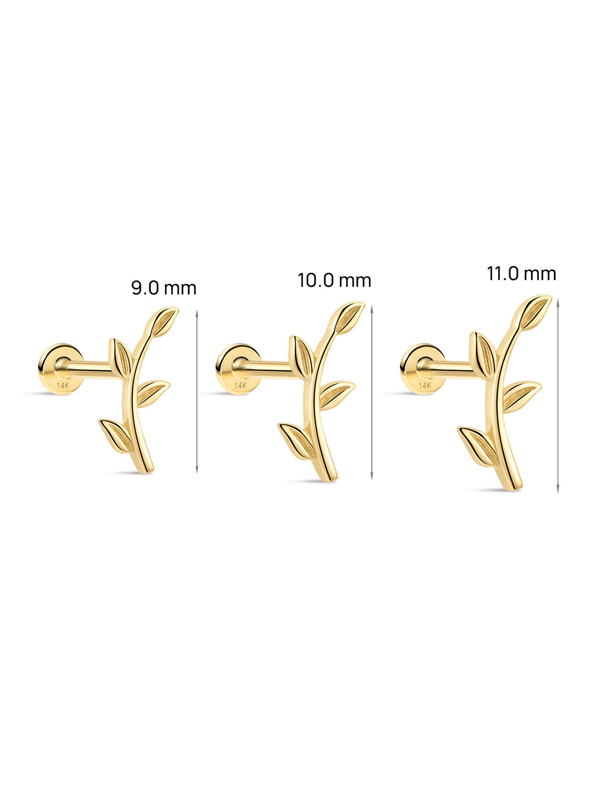 KOSINER Leaf Branch Flat Back Piercing Stud Full Sizes 9.0mm 10.0mm 11.0mm, 14K Solid Gold Internal Thread Cartilage Earring