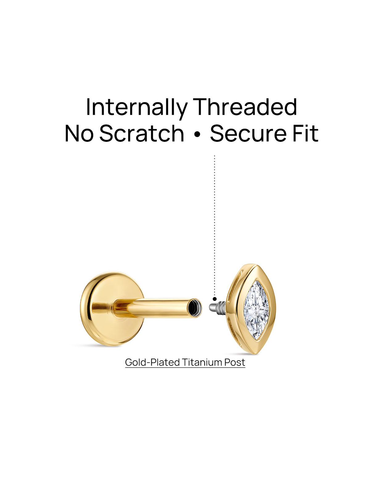 KOSINER internally threaded marquise lab-grown diamond flat back stud with gold-plated titanium post