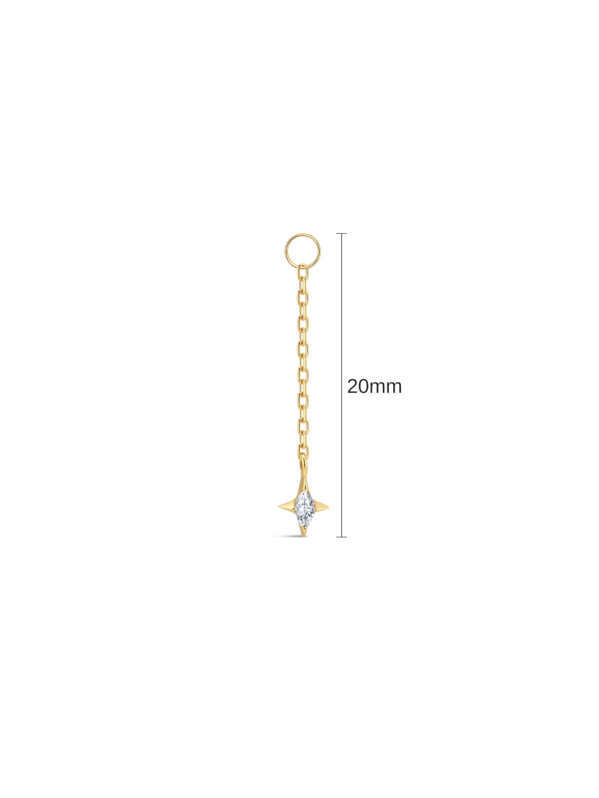 14K gold marquise cz star long chain dangle charm total length 20mm, removable celestial ear pendant for hoop earrings