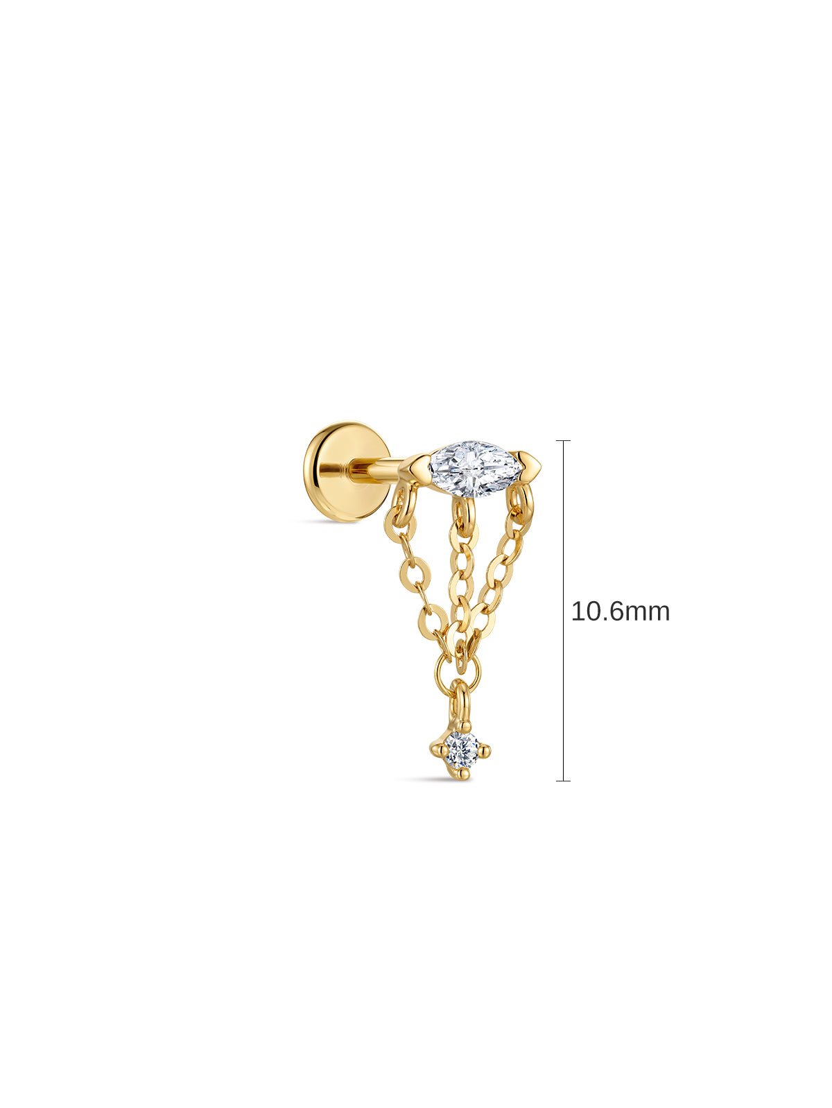 10.6mm dimension reference for 14K solid gold tassel dangle flat back stud, white background size chart