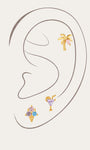 Gold plated 925 sterling silver Seaspritz summer vacation curated ear piercing set on simple ear outline, palm tree helix stud, purple cocktail glass cartilage stud, colorful multi CZ ice cream cone labret stud, tropical beach themed jewelry