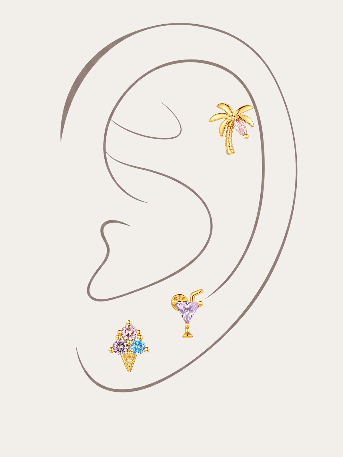Gold plated 925 sterling silver Seaspritz summer vacation curated ear piercing set on simple ear outline, palm tree helix stud, purple cocktail glass cartilage stud, colorful multi CZ ice cream cone labret stud, tropical beach themed jewelry