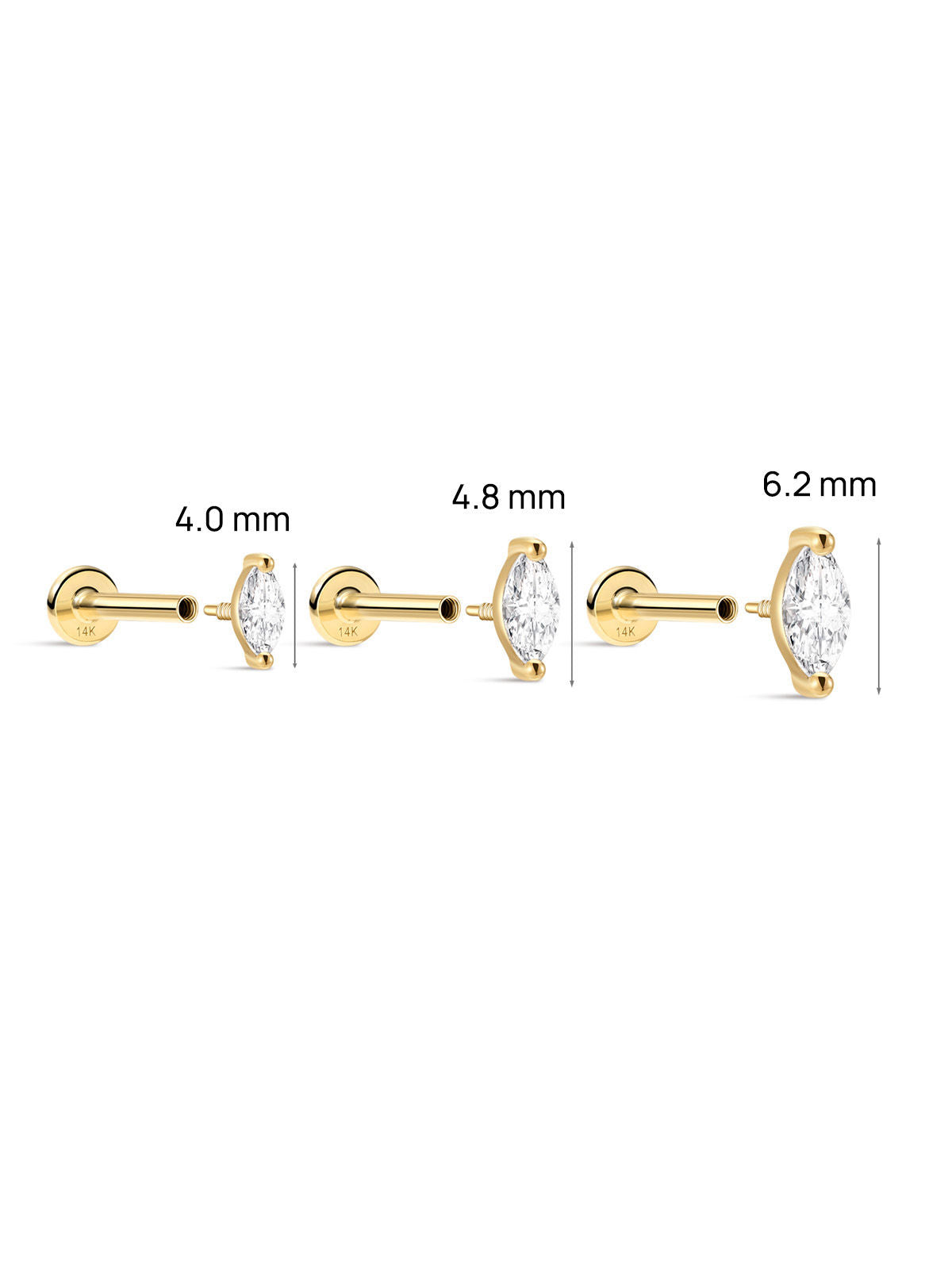 KOSINER Marquise CZ Flat Back Sizes, 4mm/4.8mm/6.2mm, 14K Solid Gold