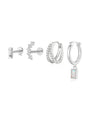 Four 925 sterling silver earrings with cubic zirconia: baguette stud, curved bar, double pavé hoop, square drop earring.