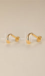 KOSINER 14K solid gold minimalist C-curve flat back stud displayed on reflective neutral backdrop, text overlay: 14K Solid Gold, Waterproof, Hypoallergenic, Not Plated premium body piercing jewelry