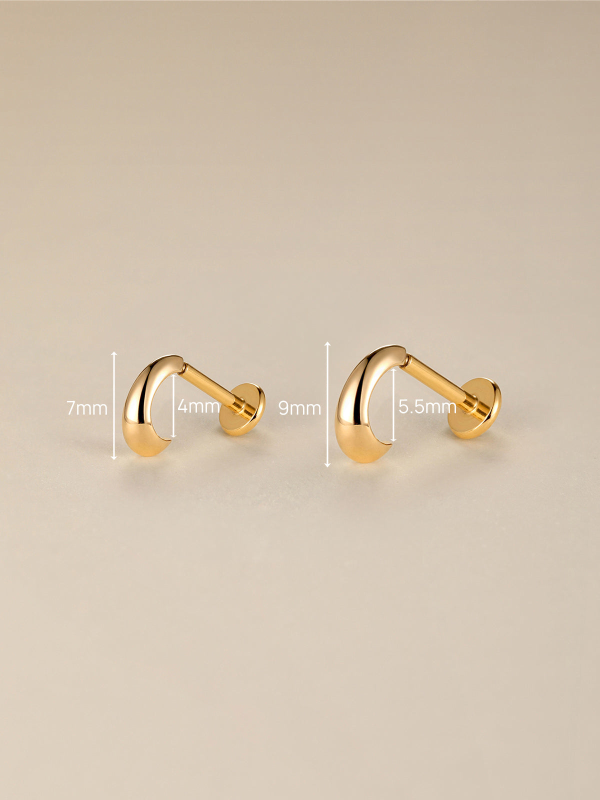 KOSINER 14K solid gold minimalist C-curve flat back stud displayed on reflective neutral backdrop, text overlay: 14K Solid Gold, Waterproof, Hypoallergenic, Not Plated premium body piercing jewelry