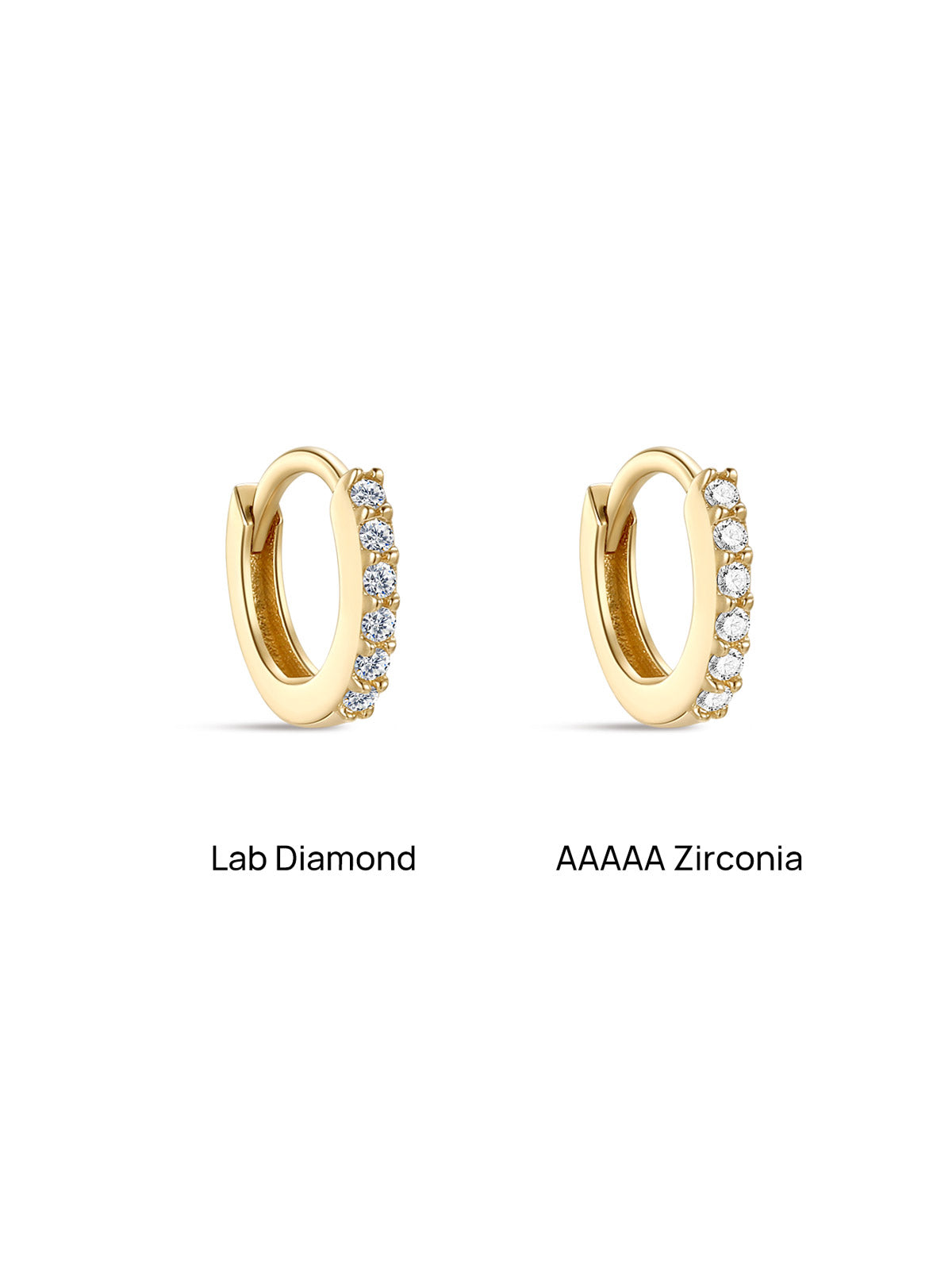 Side-by-side comparison of KOSINER 14K gold pavé hoops: left style set with Lab Diamond, right style set with AAAAA Zirconia, visual sparkle difference showcase for jewelry buyers