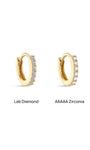Side-by-side comparison of KOSINER 14K gold pavé hoops: left style set with Lab Diamond, right style set with AAAAA Zirconia, visual sparkle difference showcase for jewelry buyers