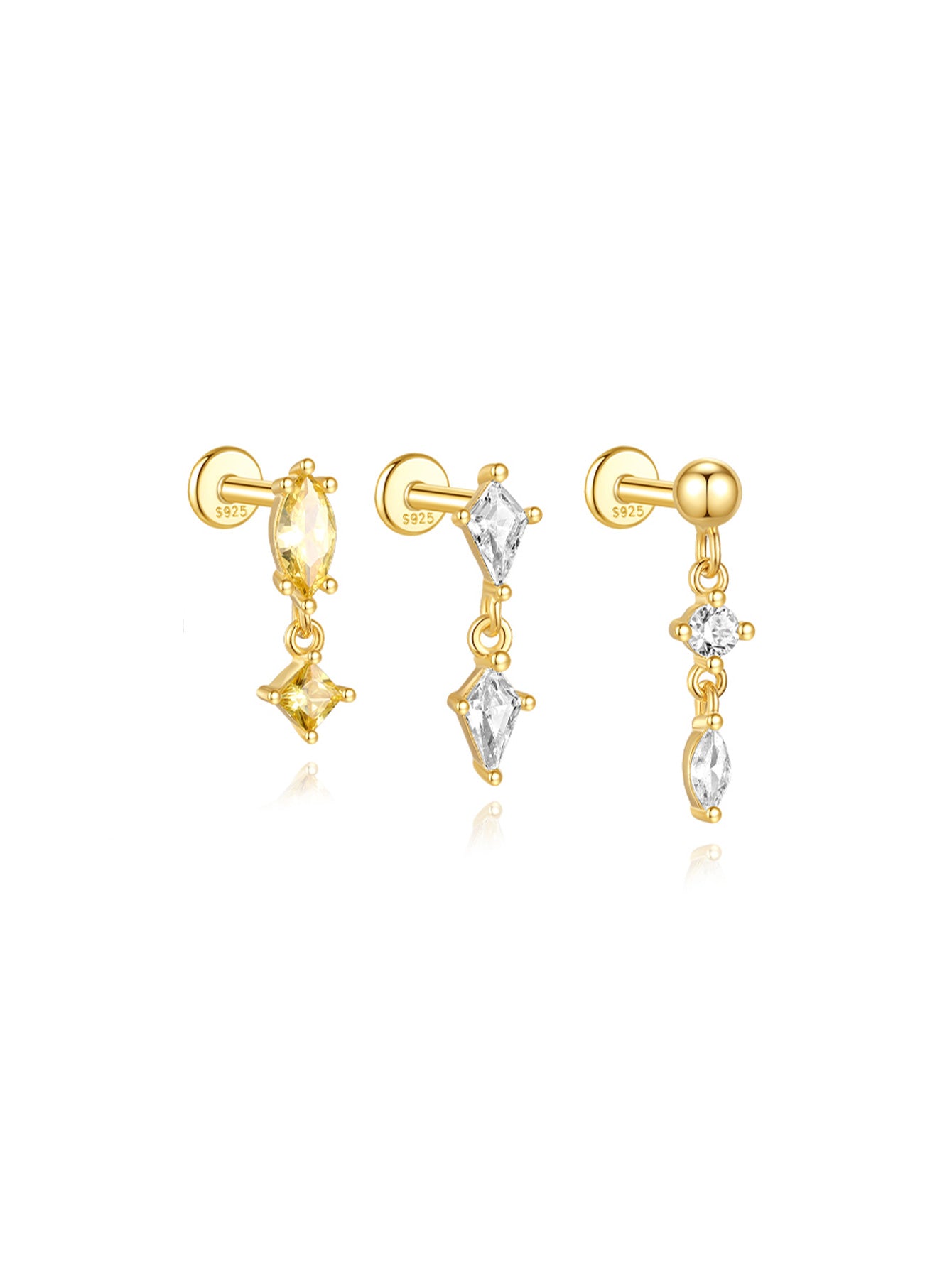 18K gold plated sterling silver earrings with CZ in marquise, square, round shapes 