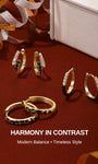 KOSINER Puzzle collection hoop earrings lineup on burgundy background, leopard print hoops, two-tone cz & black enamel clicker hoops, slogan Harmony In Contrast, modern contrasting design fashion hoop earring collection