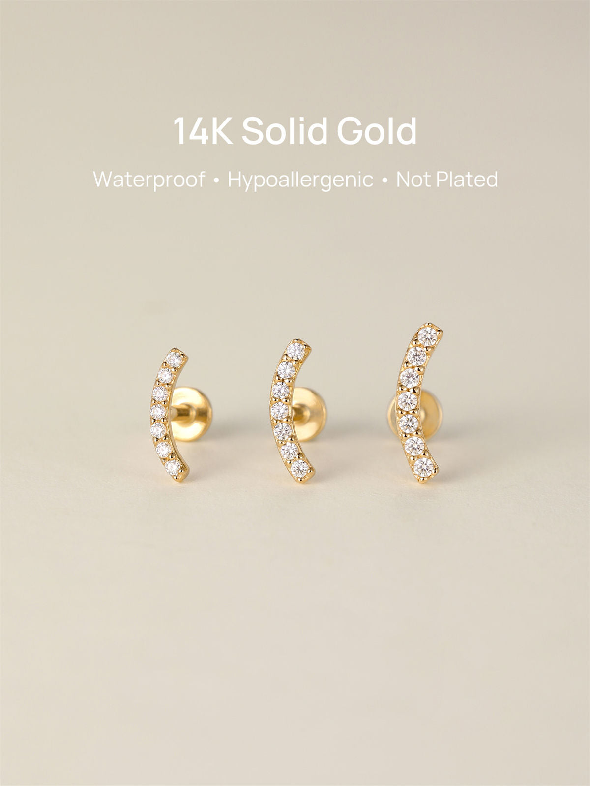 KOSINER 14K solid gold pave curved stud, waterproof, hypoallergenic, nickel-free, no plating