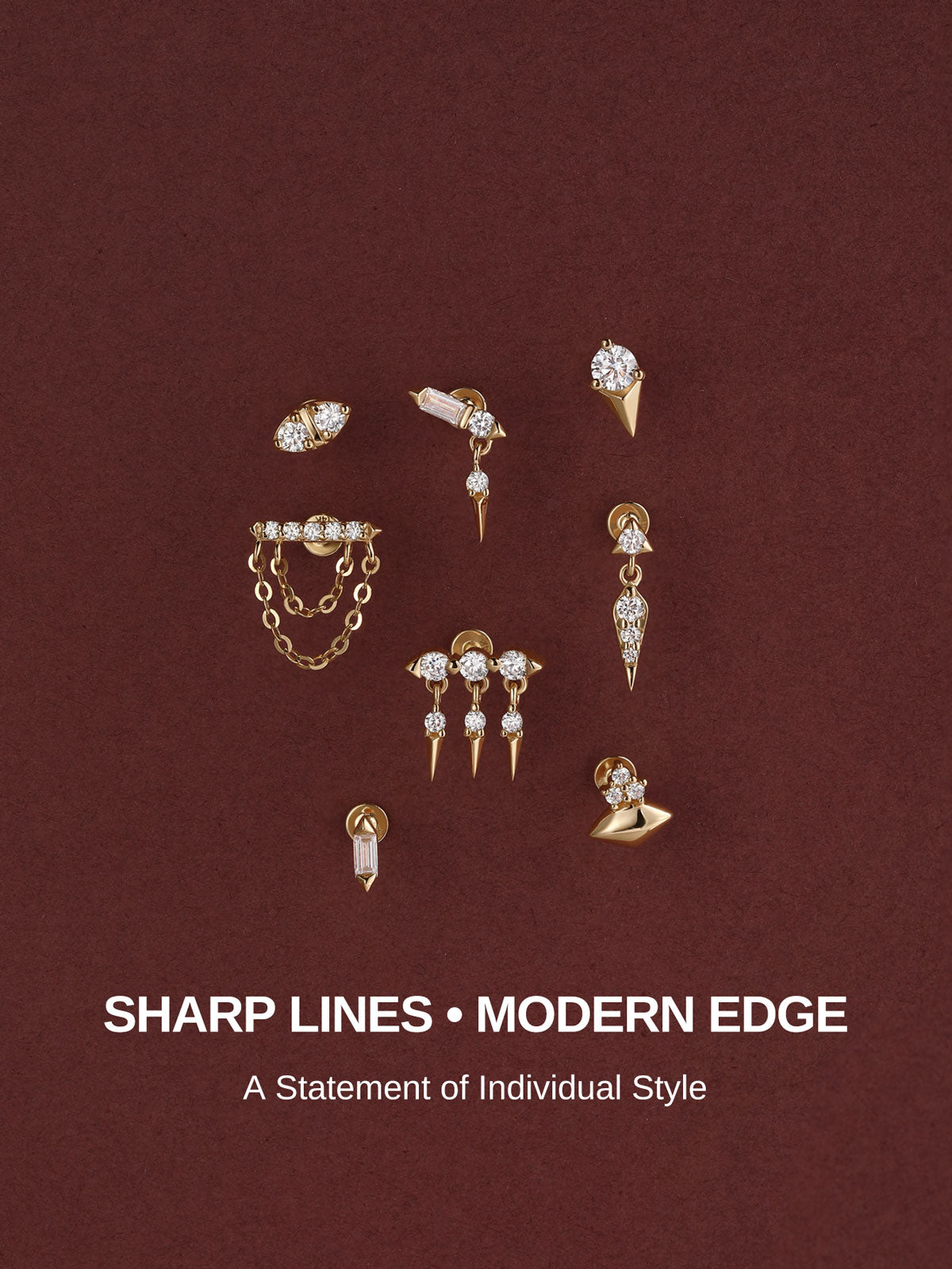 KOSINER Prism Collection 14K solid gold geometric flat back studs assortment, double chain drop, spike triangle, marquise, baguette and angular cartilage piercings, sharp clean-line jewelry for personalized unique ear stack designs