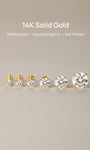 Six sizes of KOSINER solid gold moissanite flat back studs on warm reflective surface, headline text: 14K Solid Gold, Waterproof, Hypoallergenic, Not Plated premium piercing jewelry
