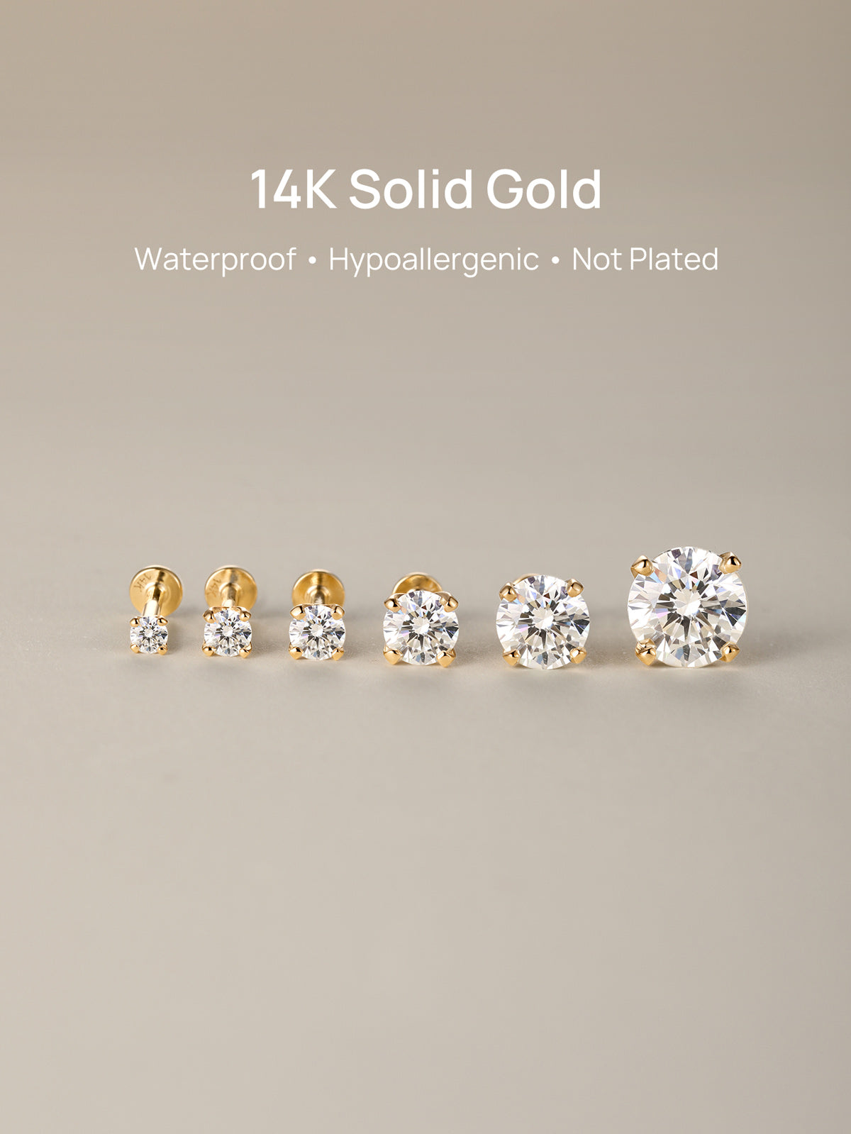 Six sizes of KOSINER solid gold moissanite flat back studs on warm reflective surface, headline text: 14K Solid Gold, Waterproof, Hypoallergenic, Not Plated premium piercing jewelry