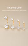 Four size variants of KOSINER 14K solid gold double CZ belly rings, headline text stating 14K Solid Gold, waterproof, hypoallergenic, non-plated premium genuine gold body piercing jewelry