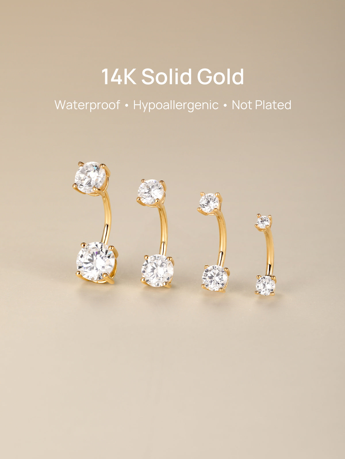 Four size variants of KOSINER 14K solid gold double CZ belly rings, headline text stating 14K Solid Gold, waterproof, hypoallergenic, non-plated premium genuine gold body piercing jewelry