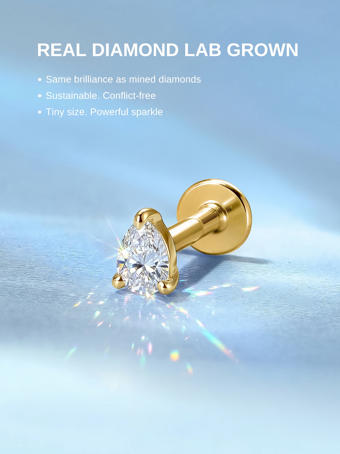 14K Gold Pear Lab-Grown Diamond Flat Back Delicate Stud