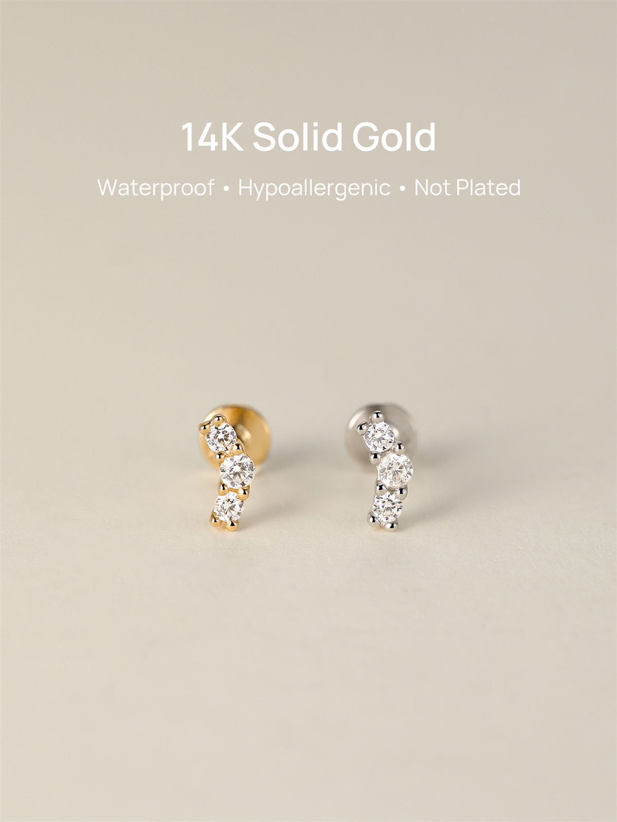 KOSINER 14K solid gold pave curved stud, nickel-free & hypoallergenic, safe for sensitive skin
