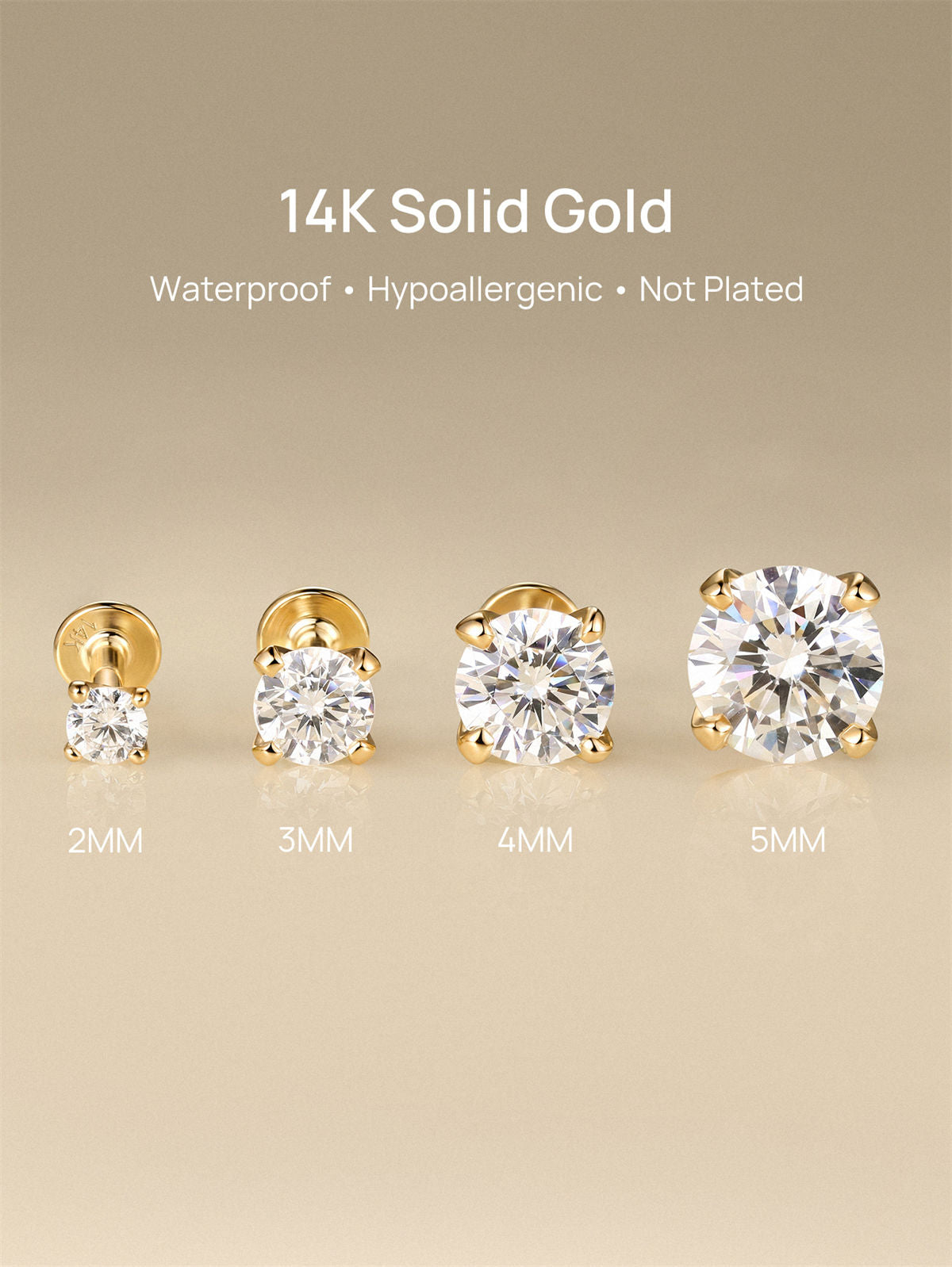 KOSINER 14K Solid Gold Minimalist Flat Back Stud, Hypoallergenic for Sensitive Ears,sizes (2/3/4/5mm), waterproof and not plated
