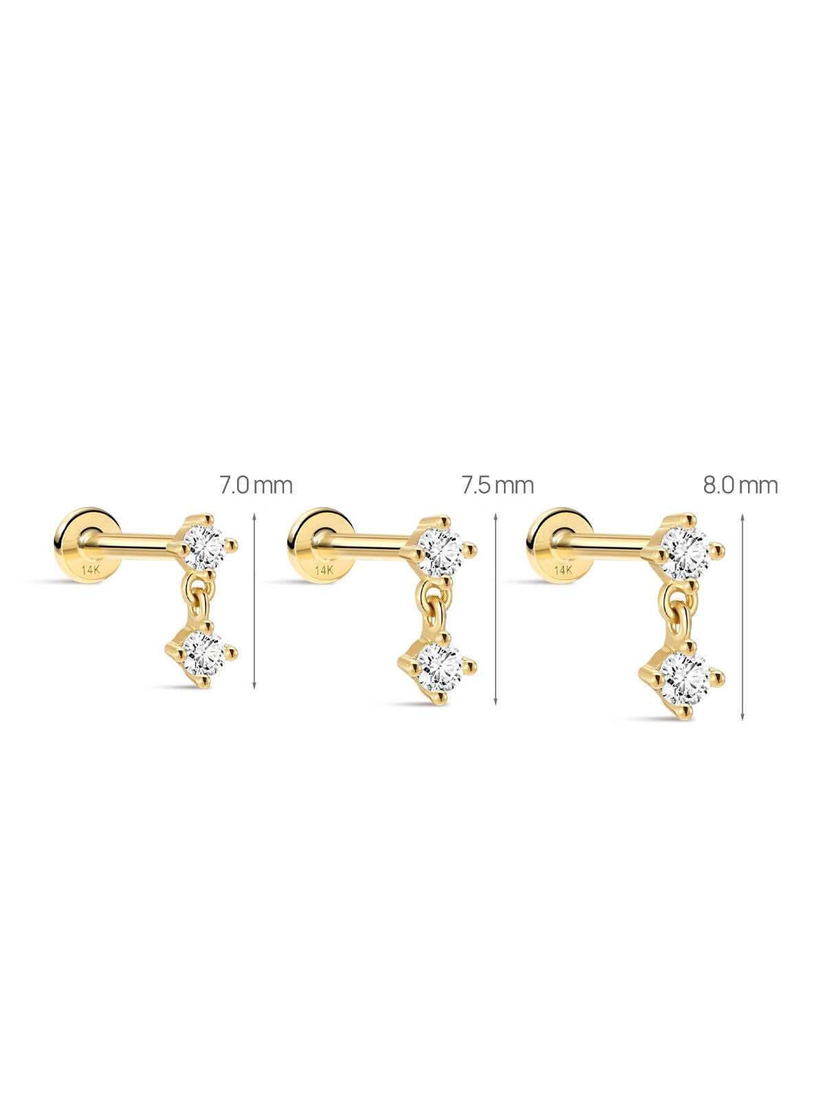 KOSINER 14K Solid Gold Drop Flat Back Stud, 7.0mm 7.5mm 8.0mm sizes
