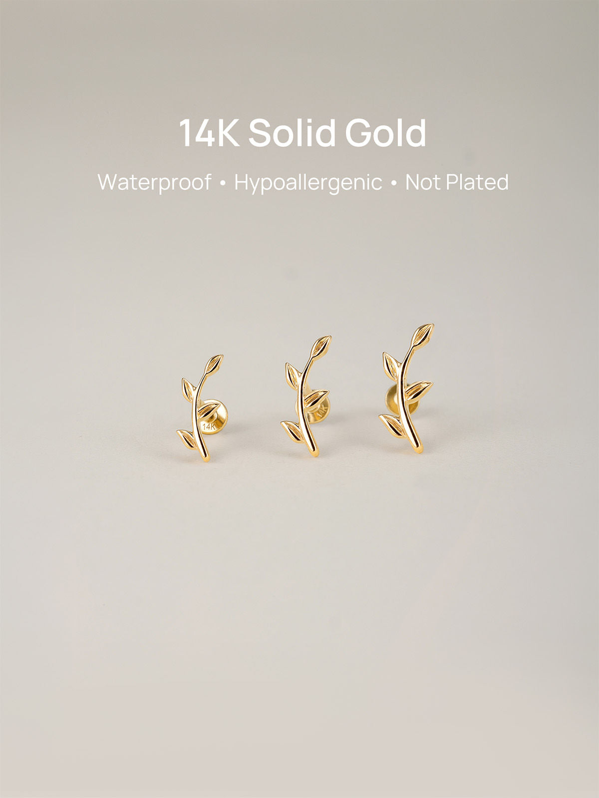 KOSINER 14K Solid Gold Minimal Leaf Branch Flat Back Piercing Stud, Nickel-Free Waterproof Dainty Nature Inspired Cartilage Earring for Multi Piercing