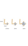 Size schematic for KOSINER L-shaped nose stud, marked total post length 7mm, vertical leg 5mm, stone options 1.5mm / 2mm / 3mm for size selection guide