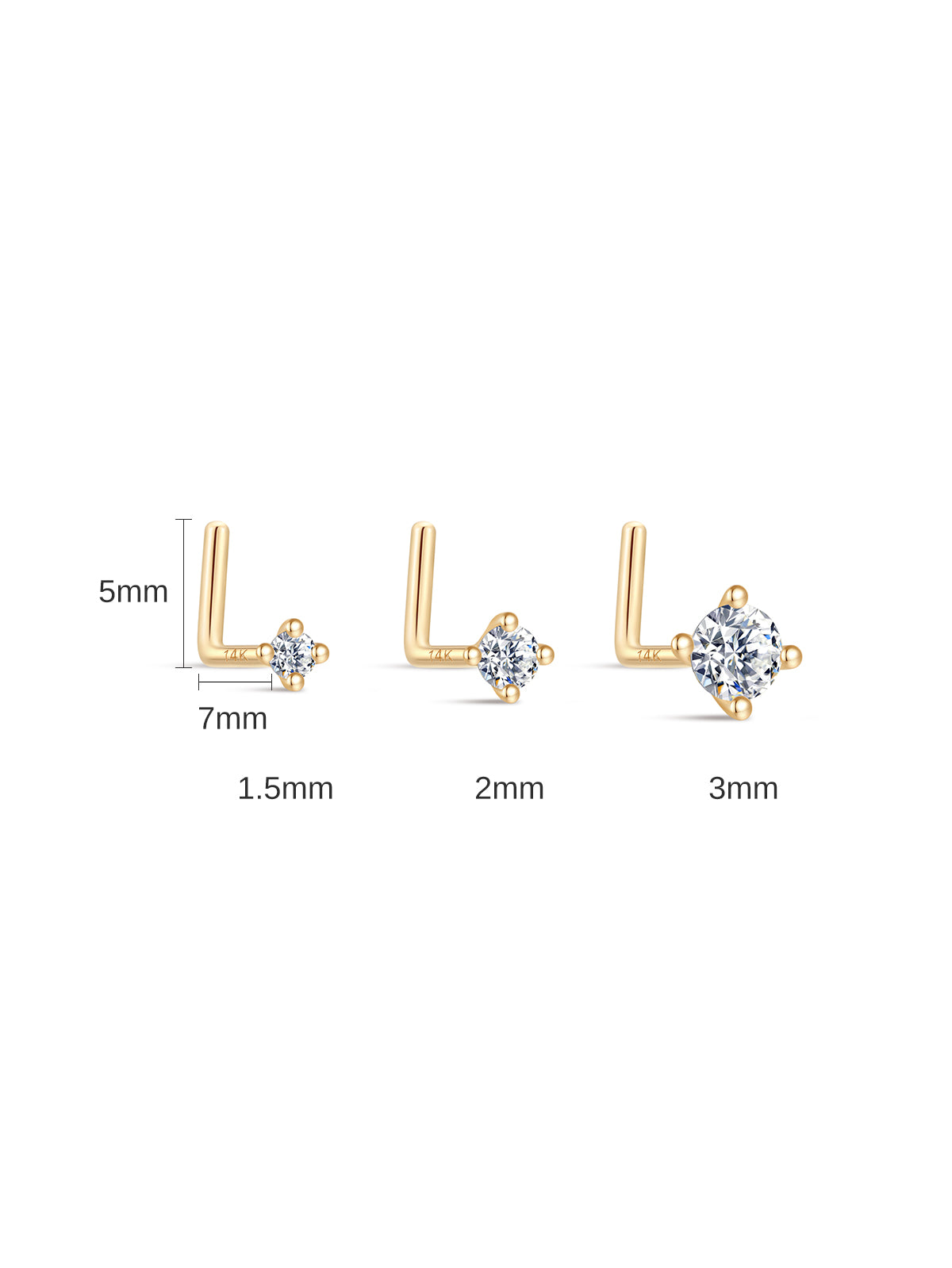 Size schematic for KOSINER L-shaped nose stud, marked total post length 7mm, vertical leg 5mm, stone options 1.5mm / 2mm / 3mm for size selection guide