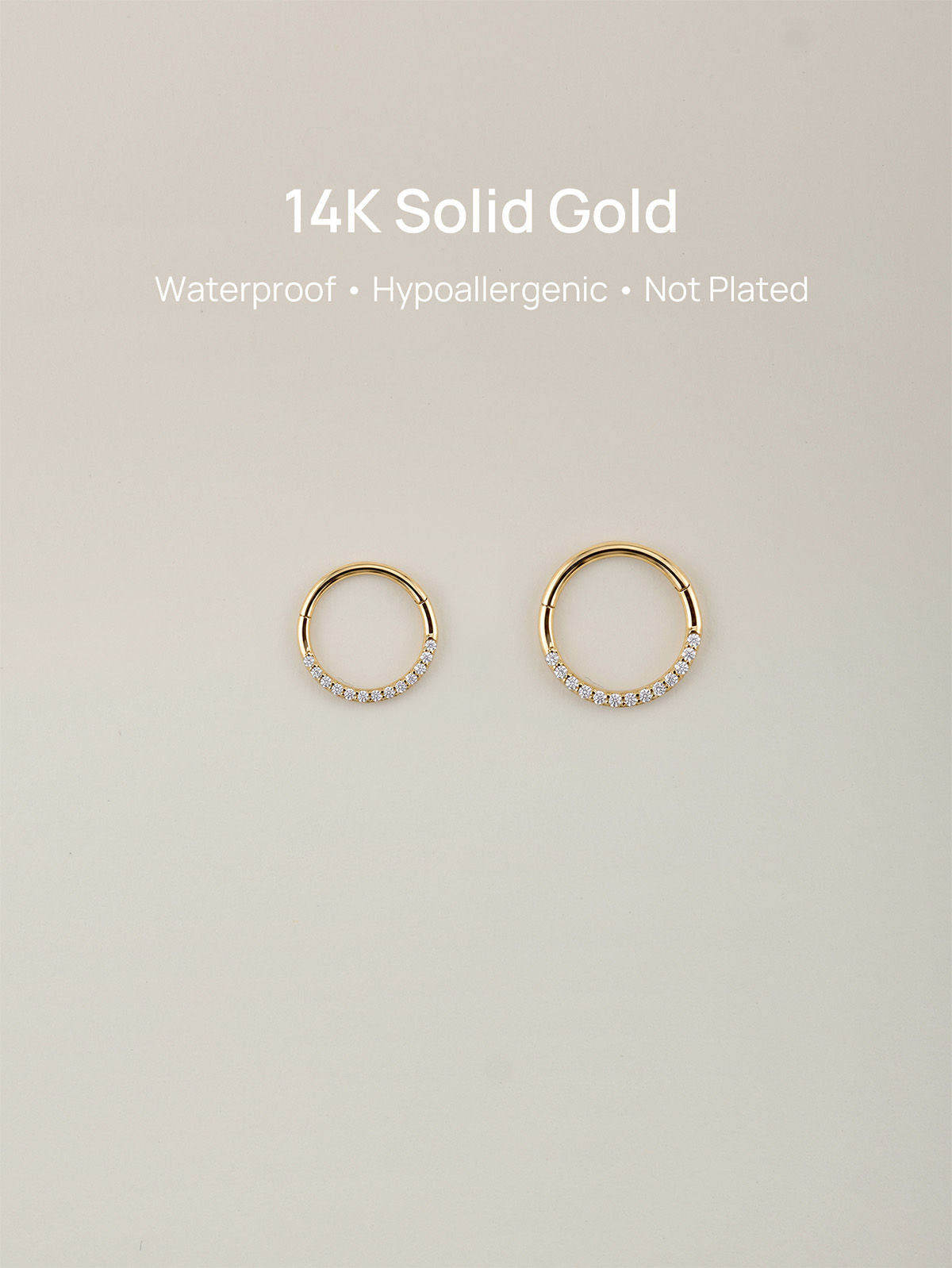 14K solid gold 18G hoop earring with pave cubic zirconia crystals, hinge closure.