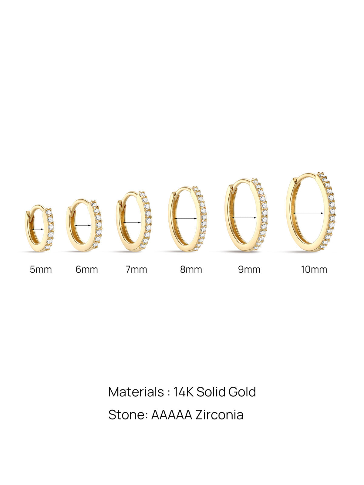 KOSINER 14K Solid Gold Classic Crystal Pave Hoop, 5/6/7/8/9/10mm sizes for snug cartilage fit