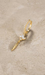 Side view of 18K gold plated hoop with lotus crystal charm and tassel drop